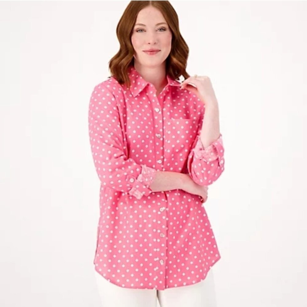 Susan Graver Pure Linen Blend Pink Polka Dot Shirt.